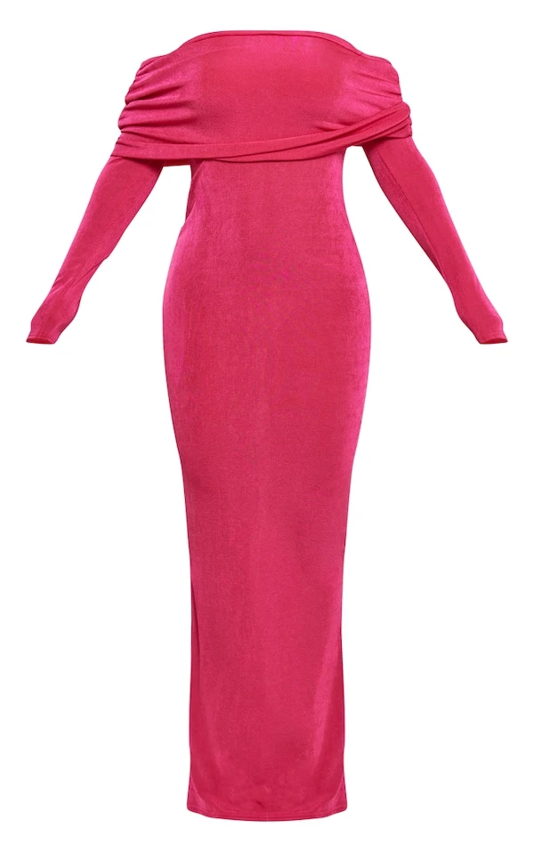 Robe Moulante Longue En Acétate Rose Vif à Manches Longues Et Col Bardot 7 Robe Moulante Longue En Acétate Rose Vif à Manches Longues Et Col Bardot – Image 5