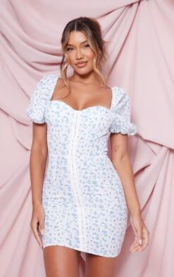 Robe Corset Moulante Bleue Fleurie à Manches Bouffantes