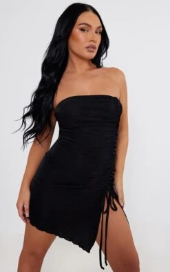 Robe Bustier Très Moulante En Acétate Noir à Ourlet Légèrement Volanté Et Fronces