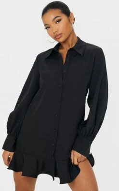 Robe Chemise Noir Profond à Volants