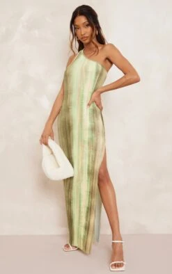 Robe Asymétrique Longue Plissée Verte Imprimé Aquarelle à Dos échancré