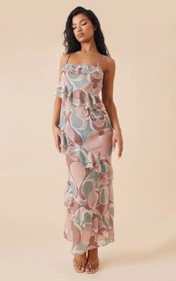 Robe Longue En Mousseline De Soie Multi à Imprimé Abstrait Et Volants