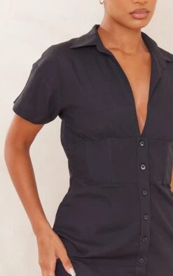 Robe Chemise Effet Lin Noir à Manches Courtes Et Taille Cintrée -Zeze Vetements Magasin 6c2900c449dc471fc5170da7247c68fc9fc8f48d cnd4041 4