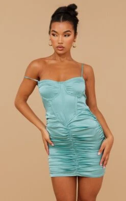 Robe Moulante Satinée Bleu Sarcelle à Corset Et Jupe Froncée Détail Bretelles