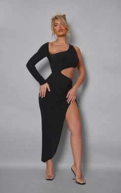 Robe Mi-longue Moulante Noire Froncée Asymétrique à Découpes