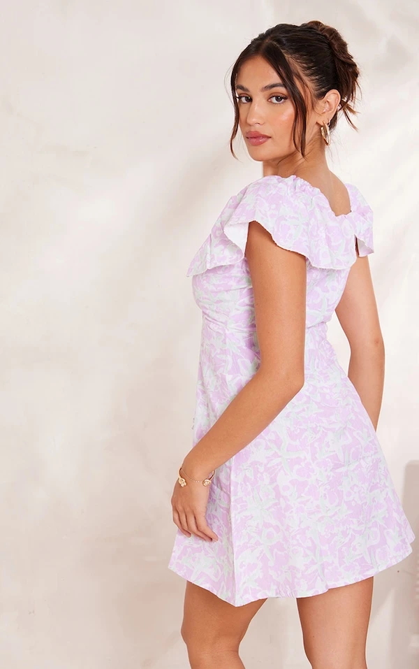 Robe Droite Lilas Fleurie Imprimé Abstrait Nouée à Manches Volantées 4 Robe Droite Lilas Fleurie Imprimé Abstrait Nouée à Manches Volantées – Image 2