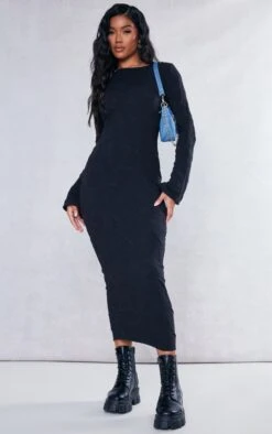 Robe Longue Texturée Noire à Manches évasées Et Dos Noué