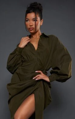 Robe Chemise Mi-longue Kaki Foncé à Manches Ballon Et Jupe Froncée -Zeze Vetements Magasin 764210402cbb83b8fcfbf13b56410e304a109292 cnd0602 4