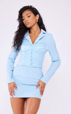 Robe Blazer En Effet Lin Bleu Clair à Corset Satiné Et Manches Longues