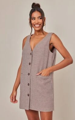 Robe Blazer Style Gilet Oversize Chocolat En Maille Sergée à Carreaux