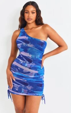 Robe Asymétrique Moulante En Mesh Froncé Bleu Imprimé Abstrait