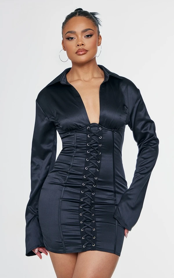 Robe Chemise Satinée Lacée Noire à Armatures Et Oeillets 3 Robe Chemise Satinée Lacée Noire à Armatures Et Oeillets