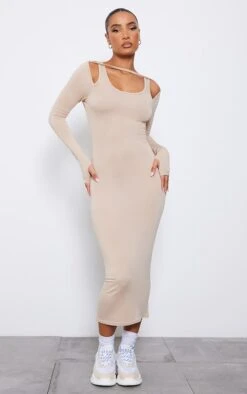 Robe Mi-longue En Jersey Gris Pierre à Bretelles Et Manches Longues