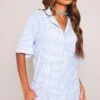 Robe Chemise Texturée Rayée Bleue à Manches Courtes Et Poche