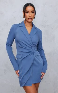 Robe Blazer Bleu Acier En Maille Tissée à Poches Et Taille Froncée