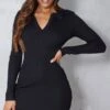 Mini Robe Moulante En Maille Tricot Côtelée Noire à Manches Longues