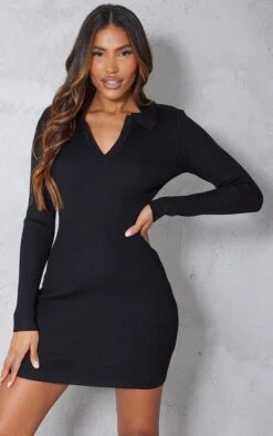 Mini Robe Moulante En Maille Tricot Côtelée Noire à Manches Longues