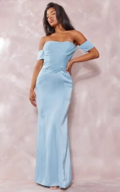 Robe-corset Longue Bleu Cendré à Dos Nu Découpé Et Col Bardot