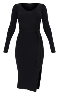 Robe Mi-longue Fendue Noire à Manches Longues Et Ceinture -Zeze Vetements Magasin 89bb5a6019178ea84261ea6d3ed571767707b0d6 cmp8729 6