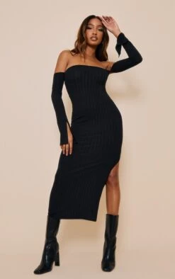 Robe Mi-longue Côtelée Noire à Col Bardot Et Manches Fendues