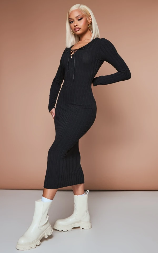 Robe Longue Côtelée Noire à Détail Lacé 5 Robe Longue Côtelée Noire à Détail Lacé – Image 3