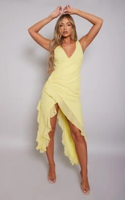 Robe Mi-longue En Mousseline De Soie Jaune Citron Drapée à Volants