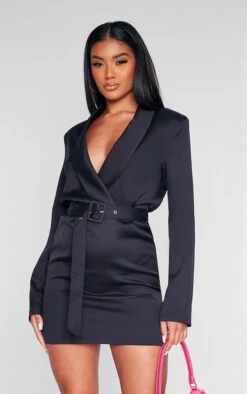 Robe Blazer Noire à Ceinture Et Décolleté