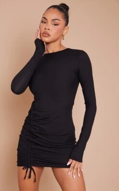 Robe Moulante Côtelée Noire Asymétrique à Fronces