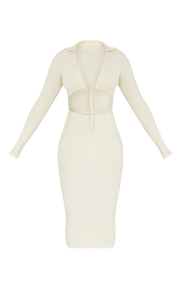 Robe Mi-longue Côtelée Brossée Gris Pierre à Buste Noué Et Manches Longues 7 Robe Mi-longue Côtelée Brossée Gris Pierre à Buste Noué Et Manches Longues – Image 5