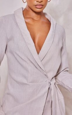 Robe Blazer Portefeuille Texturée Gris Pierre Effet Lin Nouée à La Taille -Zeze Vetements Magasin 8f67105bed2aad19729d3dcfb81d5b3a73b16ae0 cne1363 4