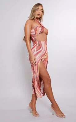 Robe Moulante Mi-longue En Acétate Découpée Orange Imprimé Abstrait à Dos Nu