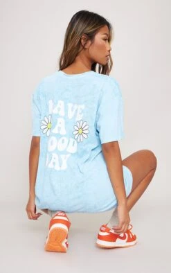 Robe T-shirt Bleu Javélisé à Slogan Good Day