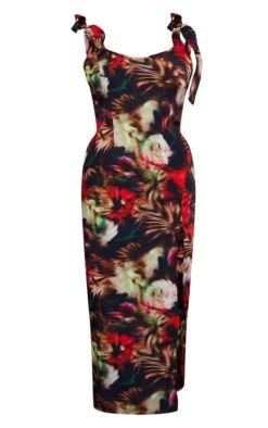 Robe Fendue Longue Rouge Fleuri Abstrait à Bretelles Nouées -Zeze Vetements Magasin 91c70885bcf612d6434fc4db5b0ff1d7de919e15 cnc8289 5