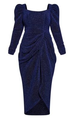 Robe Mi-longue Plissée Pailletée Bleu Marine Fendue à Manches Bouffantes -Zeze Vetements Magasin 935c1bf250d6b41f77816550f9927bd4ab28d775 cnb7989 5