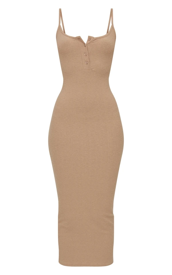 Robe Mi-longue Taupe Côtelée Brossée à Boutons Devant Et Bretelles 7 Robe Mi-longue Taupe Côtelée Brossée à Boutons Devant Et Bretelles – Image 5