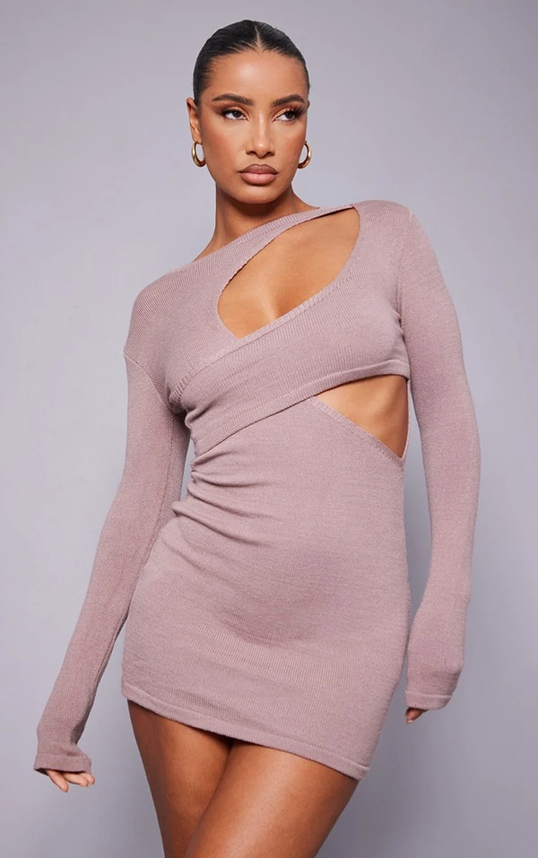 Mini Robe à Devant Asymétrique Café Au Lait En Maille Tricot 5 Mini Robe à Devant Asymétrique Café Au Lait En Maille Tricot – Image 3