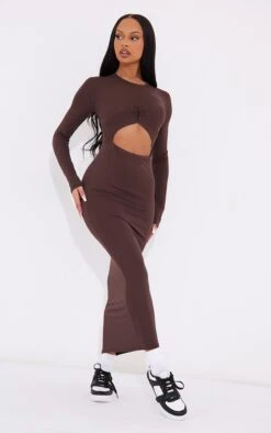 Robe Longue En Jersey Chocolat Découpée à Noeud