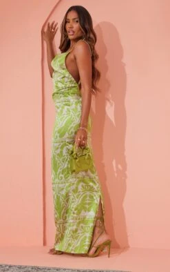 Robe Longue Satinée Verte Imprimé Baroque à Col Bénitier -Zeze Vetements Magasin 9c87e2c28b04172b8e31bb0d045416de213ef0d2 cmz2161 4