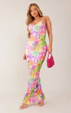 Logic Robe Longue Multicolore Fleurie Plissée à Bretelles Et Dos échancré