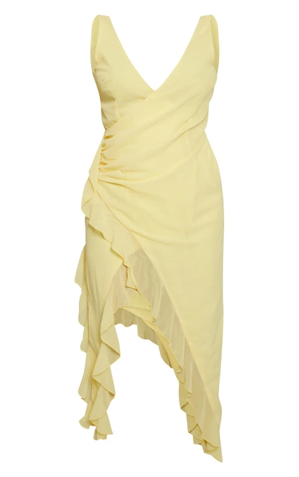 Robe Mi-longue En Mousseline De Soie Jaune Citron Drapée à Volants 7 Robe Mi-longue En Mousseline De Soie Jaune Citron Drapée à Volants – Image 5