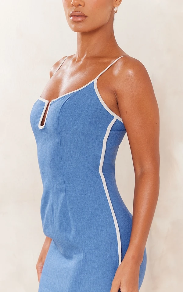 Robe Moulante Effet Lin Bleue Barre En V à Bretelles Et Coutures Contrastantes 6 Robe Moulante Effet Lin Bleue Barre En V à Bretelles Et Coutures Contrastantes – Image 4