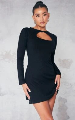 Logic Robe Moulante En Jersey Brossé Noir à Découpe Goutte D'eau