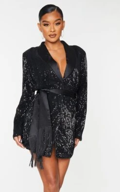Robe Blazer Noire à Sequins Et Franges Détail Noué -Zeze Vetements Magasin a0014de797c7c423871654dbe6af0c6853f367d7 cmv0287 4