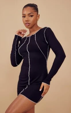 Robe Moulante En Jersey Noir à Coutures Contrastantes