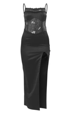 Robe Fendue Longue Noire Satinée à Parties En Dentelle Et Bretelles -Zeze Vetements Magasin a12cc55632acdd4d0b4698389a7d35287bbcf6a0 cne2683 5