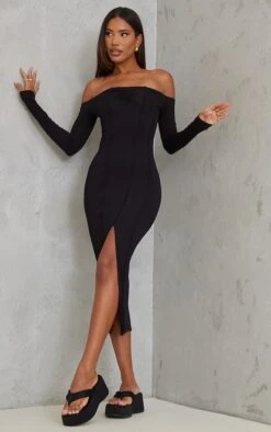 Robe Mi-longue En Jersey Noir à Liserés Contrastants Et Col Bardot