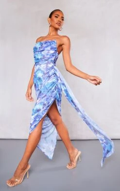 Robe-bustier Longue En Mousseline De Soie Froncée Fleurie Bleue à Jupe Drapée