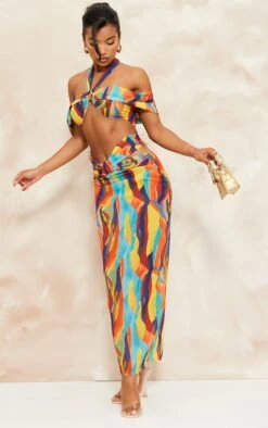 Robe Longue Découpée En Mousseline De Soie Multicolore à Imprimé Abstrait Et Col Bardot -Zeze Vetements Magasin a4030133078556aadca1c84883c2b31229e1cb6d cne7735 3