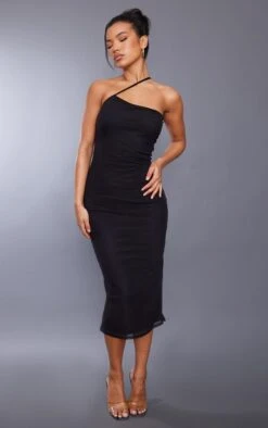 Robe Mi-longue Noire En Mesh à Bretelle Asymétrique
