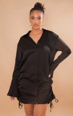 Robe Chemise Satinée Noire à Manches évasées à Double Fronce -Zeze Vetements Magasin a6abec0b76ec520cd5c474cafa3d9e9109214b26 cmy4575 4